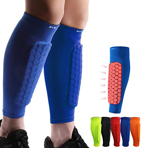 HiRui Soccer Shin Guards Shin Pads for Kids Youth Adult, Calf Compression Sleeve with Honeycomb Pads, Support for Shin Splint Baseball Boxing Kickboxing MTB, Lightweight(1PAIR)(Blue, M)