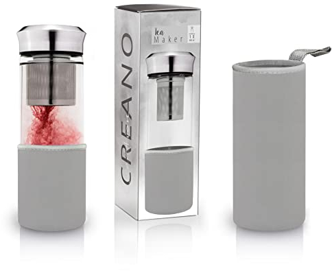 Creano Teebereiter Teamaker - Teeflasche to go aus Glas mit Sieb für losen Tee inkl. Neoprentasche | 400ml (Grau)