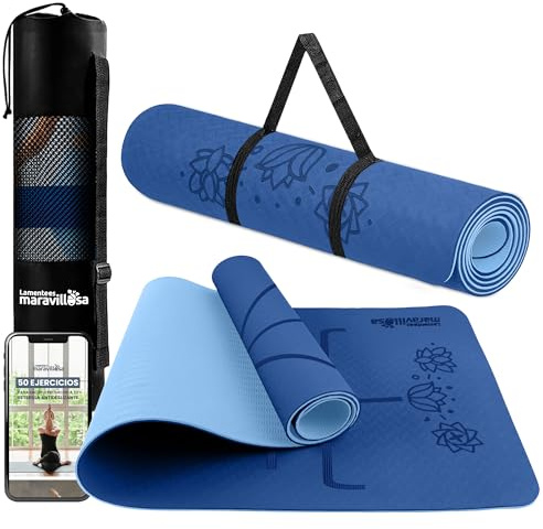 LA MENTE ES MARAVILLOSA - Gymnastikmatte, Rutschfest Yogamatte inkl. Tragegurt + Tasche + Übungs-E-Book, Gepolstert, Hautfreundliches TPE für Fitness/Pilates/Workout 183x61 cm (Blumen, Blau)