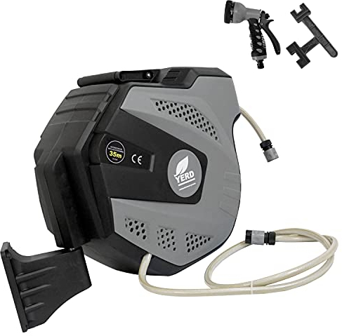 Yerd Schlauchaufroller : 25 Meter automatik Schlauchtrommel mit standard kompatiblen Anschlüssen, inkl. Gartenbrause (25m, mit Gartenbrause und Feder Nachspann-Tool)