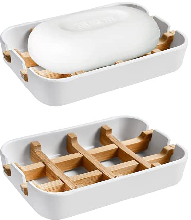 Aoheuo Modern Bamboo Fiber soap Holder and soap Dish Combination (Removable), White, 5.12 Long by 3 Wide, 0.98 inches high, Used in Kitchens, bathrooms, and bar Sinks