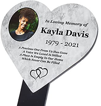 Personalised Memorial Stake, Heart Shaped, Grave Marker - add your own photo and text (Marble Effect)