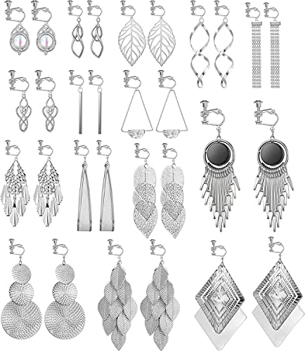 Finrezio 15 Paar Clip-On-Ohrringe für Frauen - Böhmische Geometrische Statement-Ohrclips, Nicht Durchdringende Hängeohrringe Set, Lange Balkenohrringe, Blatt-Tränen-Design