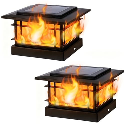 Dynaming 2 Pack Solar Post Cap Lights Outdoor with Flickering Flame Light, Fence Post Solar Lights Fit for 4x4 5x5 6x6 Vinyl/Wooden Posts, High Brightness SMD LED Lighting Decor for Garden Deck Patio