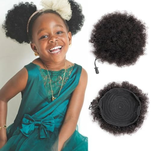 2 st barn afro puff äkta mänskligt hår kinky lockig dragsko hästsvans förlängning hårpuffar rymdbullar chignon hårdelar för svarta kvinnor flickor barn bebisar liten storlek 4 tum naturlig svart 60 g