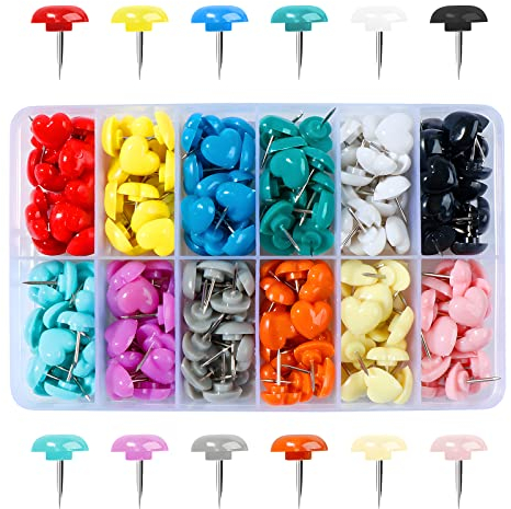 VAPKER Pinnnadeln mit Herzmotiv, 12 Farben, 240 Stück, niedliche Reißzwecken, Kunststoff, dekorative Pinnnadeln mit Stahlspitze, Kartennägel für Korktafel, Pinnwand, Wand