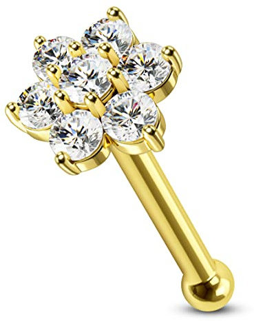 CM Crareesi Mania 14Karat 585 Echtgold Nasenpiercing Spirale Blumen Nasenring Stud Piercing Nasen Screw L/S-Form 20 Gauge(0,8mm) Nostril Piercing Schmuck mit Zirkonia Kristall Diamant für Damen