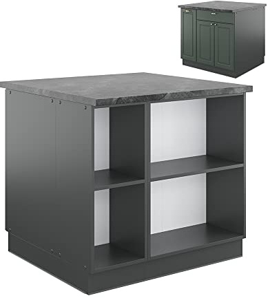 Vicco Kücheninsel Fame-Line, Grün-Gold Landhaus/Anthrazit, 90 cm | MDF-Front · 2 Einlegeböden · Höhenverstellbare Füße · Metallgriffe · Soft-Close
