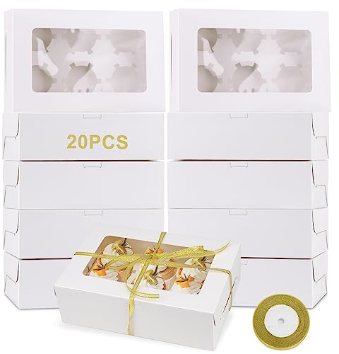 Onezebra 20 Stück Cupcake Box Kraftpapier Muffin Box Karton Keksverpackungen Keksschachtel Geschenkboxen mit großem Sichtfenster Schleife für Keksschachtel Mehlspeisenkarton Dessert Cupcakes Weiß