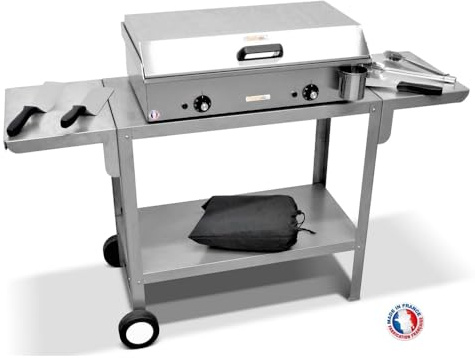 PLANCHAELEC - Pack Complet Plancha Electrique NEO E-650-2400W - Chariot + Accessoires - Inox - Thermostat Réglable - 10 Personnes - Made In France - L65 X P43 X H18 cm