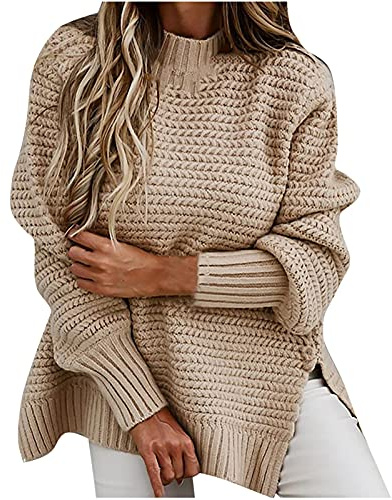 EMATOP Warm Pullover Damen Elegant Grobstrick Sweatshirt Langarm Casual Strickpullover Lockerer Lang Longpullover Oversize Pulli Jumper Basic Rundhals Strickpulli Warehouse Deals Angebote
