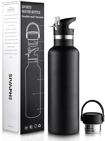 Sivaphe Insulated Water Bottle Leak-Proof for Sports Outdoor Stainless Steel, Double Walled Vacuum Drink Flasks with Lids and Straw 750ml Black