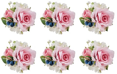 Meldel Rosa Ansteckblume für Herren, Hochzeit, Set mit 6 Stück, Bräutigam und Bräutigam Boutonniere Seide Rose Hortensie Beere Boutonniere für Zeremonie Jahrestag