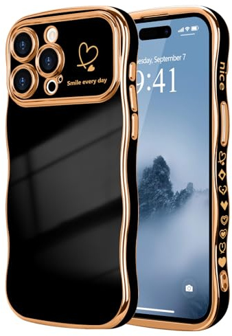 LCHULLE for iPhone 15 Pro Max Case Cute for Women Girls Wavy, Black | Luxury Plating Curly Wave Shape Frame with Love Heart Pattern, Raised Camera Protection Back Cover Shockproof Phone Case