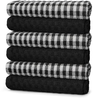 ZZZMRH 100% cotton pack of 6 Black tea towels for Kitchen - Soft Dish Cloths for washing up and drying dishes, High Absorbent Black Tea Towels for Kitchen