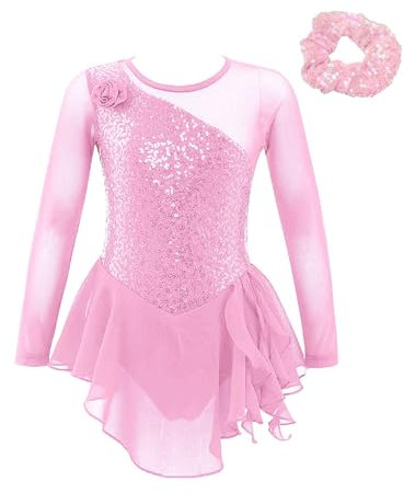 Oyolan Mädchen Eiskunstlauf Kleider Langarm Glitzer Mesh Spleiß Kürkleid Strass Tanzkleid mit Haargummi Ballettkleid Wettbewerb Kostüm Rosa 110-116