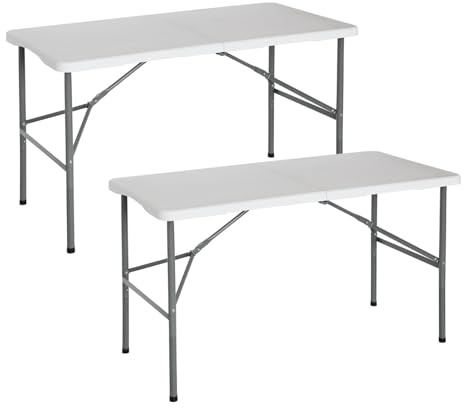 THINIA HOME - Mesa Plegable Portátil para Camping 122cm, Resina, Uso Interior y Exterior, Jardín, Terraza, Eventos y Celebraciones, Catering, Diseño Maleta, Asa de Transporte, Ligera, Blanco, Pack 2