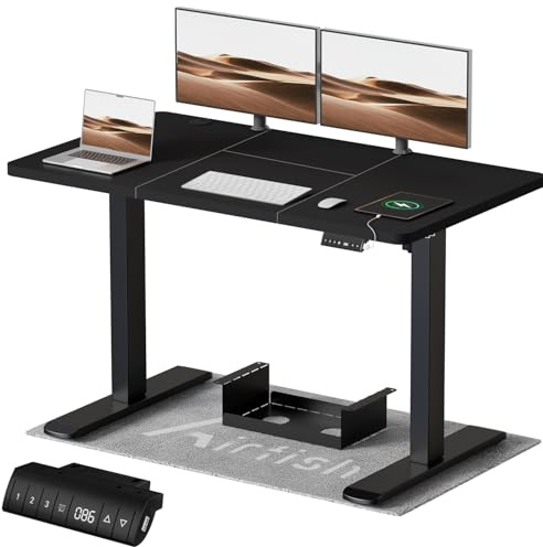 Airfish Höhenverstellbarer Schreibtisch 140x70 cm, Elektrisch Schreibtisch mit Kabelwanne, Computertisch mit USB-Buchse, Bürotisch, Stehpult mit Erinnerung an sitzende Tätigkeiten, Schwarz
