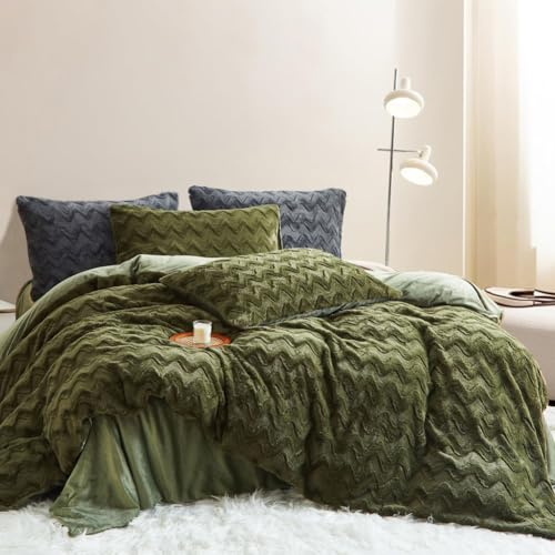 Nyescasa Plüsch Bettwäsche 135x200 Grün Wellen Warme Winter Flauschig Flanell Wendebettwäsche Langhaar Kunstfell Deckenbezug Fleece Cashmere Touch Bettbezug mit Reißverschluss und Kissenbezug 80x80