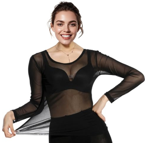 Nimiman Bauchtanz-Body für Damen, mit langen Ärmeln, Netzstoff, durchsichtig, Leotard, Schwarzes Top, Free size