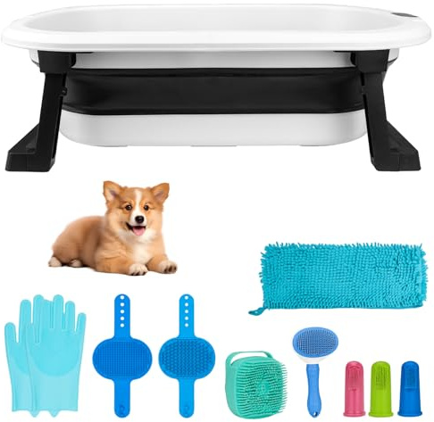 Dog Bath Tub with Clean Kit,Collapsible Bathtub with Water Drain Plug for Dog,Dog Bath Supplies with Dog Bath Tub，Clean Brush,Comb&Drying Towel,Portable Foldable Space Saving Design for Small Dogs