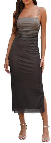 Adigaber Vestido de Verano para Mujeres Tirantes Estampados Abertura Lateral Malla Equipado Maxi Vestido