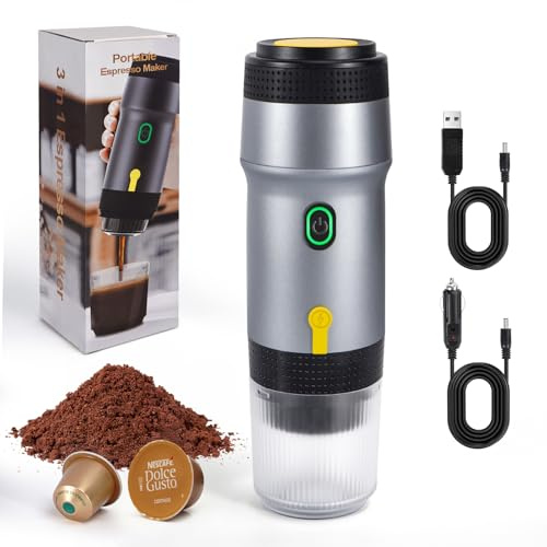 LAMA Elektrische Espressomaschine Kapselmaschine Tragbare Mini Kaffeemaschine, Auto Espressomaschine Kompatible mit Kaffeekapseln/Kaffeepulver Sofortiges Aufwärmen für Auto Outdoor, Silber