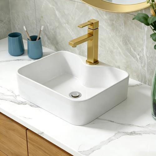 Bathroom Vessel Sink 19x15 Rectangle Sink Above Counter White Porcelain Ceramic Modern Vanity Sink Art Basin with Faucet Hole