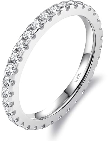 Delzzad Moissanite Rings for Women, Solid S925 Sterling Silver with 18K White Gold Plated Full Eternity Wedding Bands Stackable Engagement Ring - 1CT 2.3mm D Color VVS1 Moissanite Jewelry Anniversary Band (Full Eternity, Silver, 7)