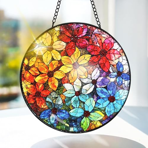 Bimkole Bunte Blume Buntglas Sonnenfänger Fensterschmuck hängend - Fensterdeko Hängend - für Garten, Fenster und Tür, Weihnachten, Handgefertigter Sonnenfänger Dekor 20x20 cm