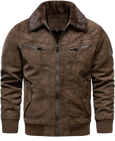 HOOD CREW Giacca Bomber da Volo in Pelliccia Sintetica da Uomo Cappotti Invernali Vintage Giacche in Pelle Foderata in Pile, Marrone, Large