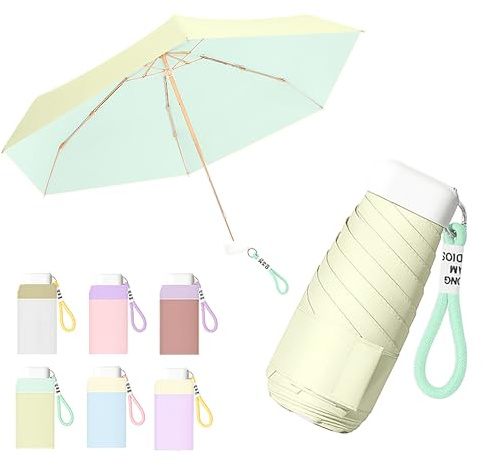 Mini Viaje Portátil Sombrilla De Mano Compacto Paraguas Plegable con Trenzado Llavero Cordón Y Asa Plana,Costillas De Fibra De Vidrio,Ligero,UPF 50+ Protección UV, Sol Y Lluvia,Bolsillo,Niños Mujeres