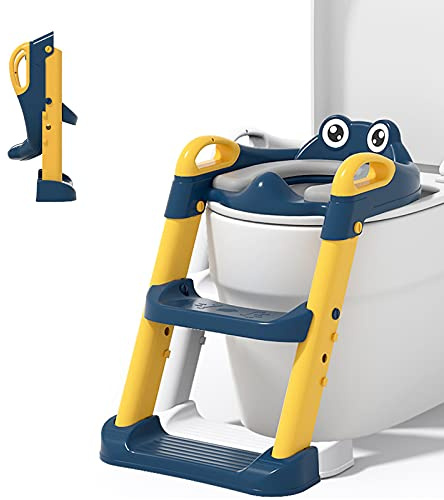 Balakaka Riduttore WC per Bambini con Scaletta, Pieghevole Baby Training WC Vasino Sedile,Antiscivolo,Regolabile in Altezza, Sedile Rialzato con Morbido Cuscino per Bambini 1-7 Anni, Blu