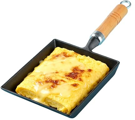 RIIPOO Cast Iron Tamagoyaki Pan, Japanese Egg Omelette Pan, Rectangular Egg Roll Pan with Wooden Handle for Breakfast Sandwich, Gas & Induction Compatible, 7.2 x 6.1 Inches
