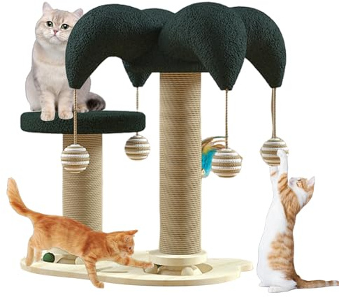 Poste rascador para gatos de interior, poste rascador 6 en 1 con bolas colgantes, bola inteligente giratoria, pluma, sisal y cuerda de yute, juguete interactivo para gatos pequeños y medianos