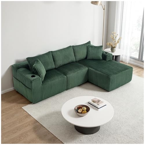 Wyibwy Divano modulare moderno, divano angolare a tre posti con chaise longue, dotato di cinque cuscini, tasche laterali e portabicchieri, in velluto a coste. (Verde)