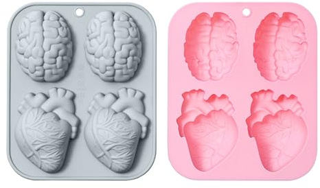 2Pcs Heat-Resistant 3D Human Brain Moulds Flexible Soft Heart Brain Cake Mould Realistic Funny Baking Mold for Candy Jelly Cookie