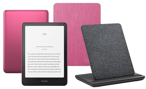 Kindle Colorsoft Signature Edition (32 GB) Ohne Werbung Mit Himbeere transparenter Hülle und Kabelloses Ladedock