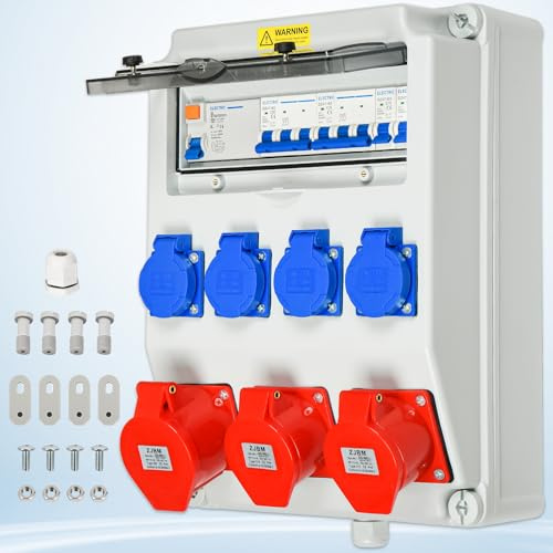 Sorlpv Distributore di corrente da cantiere con LS+FI, distributore di corrente completamente cablato con 4 Schuko da 230 V, 2 x 16 A 380 V CEE, 1 x 32 A 400 V CEE, alloggiamento impermeabile IP67
