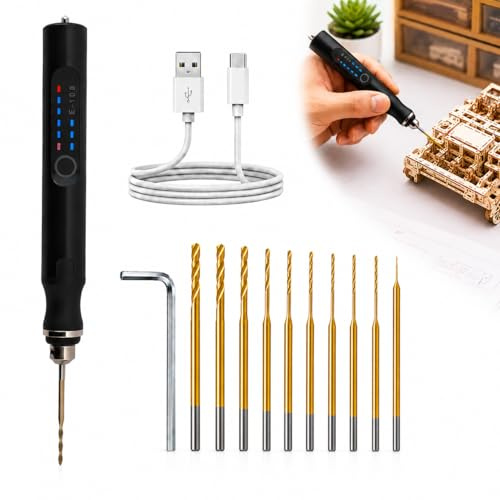 3-Speed Electric Mini Drill Pen Rechargeable DIY Electrical Hand with 10 Small Drill Bits Electric Engraving Tool Kit for Wood Resin Keychain Pendant Earring Jewelry Making Stone Plastic (Black)