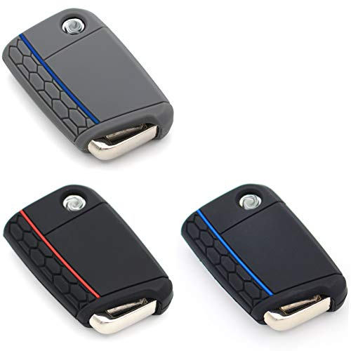 3er Set Schlüssel Hülle VB für 3 Tasten Auto Schlüssel Silikon Cover - Finest-Folia Schlüsselhülle Etui Schutzhülle (Aschgrau Blau, Schwarz Rot, Schwarz Blau)
