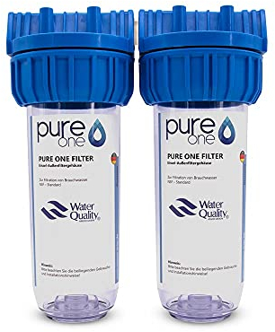 PureOne Doppel Wasserfilter-Gehäuse 10 Zoll | Inklusive Teflonband | 1, 3/4oder 1/2 IG Anschluss | 2 Filter Stufen für 10 Zoll Wasserfilter Patronen | Hauswasserwerk, Brunnen, Zisterne 1 Zoll