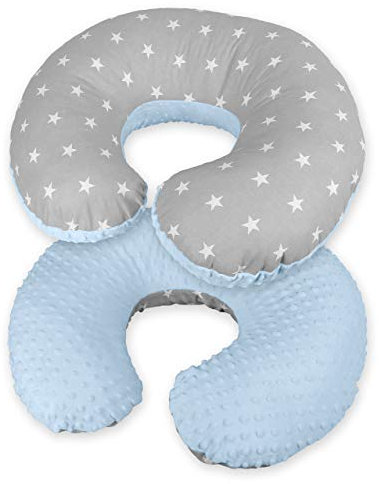 Nursing Pillow Dimple Breast and Bottle Feeding Cushion Baby/Newborn Washable Removable Cotton Cover Maternity Pregnancy Gifts (Blue/White Stars on Grey) 1pc