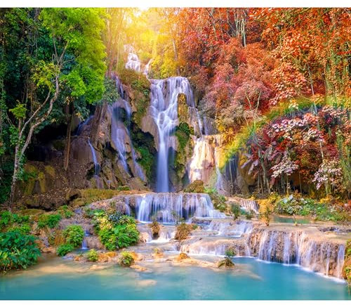 decomonkey - Papier Peint Panoramique Cascade Chute d'eau 350x256 cm - Décoration murale moderne – Tapisserie décorative pour chambre salon - Asie arbres pierre nature paysage rivière eau cascade