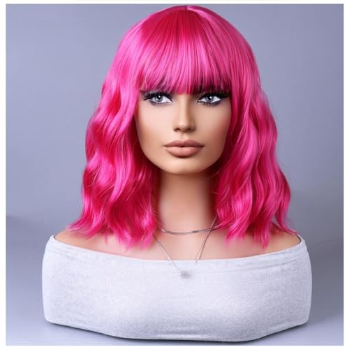 BERON Parrucca da donna con frangia, capelli sintetici corti e mossi, 40,6 cm, per feste (fucsia)