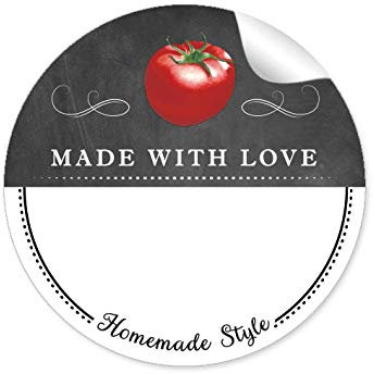 48 STICKER WEIß SCHWARZ mit Tomate und Ornamente Made with Love mit Freitextfeld für Chutneys, Ketchup, Sauce u.v.m. • Papieraufkleber: 4 cm, rund, matt