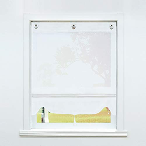 SCHOAL Raffrollo ohne Bohren Raffgardinen mit Ösen Gardinen Landhaus Ösenrollo Vorhänge Leinen Transparent BxH 60x140cm 1 Stück Weiß