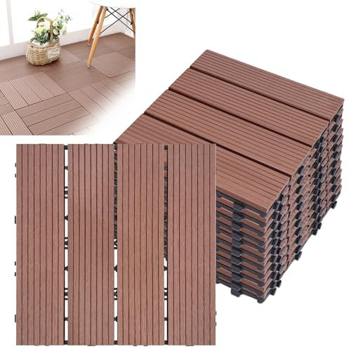 Froadp WPC Pavimenti di Legno per Esterno, 30x30cm Tavole di Terrazza, Pavimentazione Impermeabile con Sistema di Drenaggio e Click, Piastrelle Antiscivolo per Balconi Giardino (1㎡, Marrone)