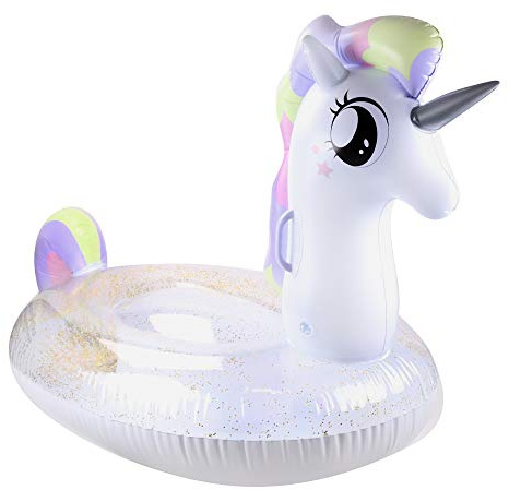 BLUE SKY - Riesige Einhorn-Schwimmboje - Aufblasbar - 069071 - Weiß - Vinyl - 115 cm x 85 cm - Spielzeug für Kinder und Erwachsene - Outdoor-Spiel - Pool - Reitbar - Handgelenk - Ab 3 Jahren