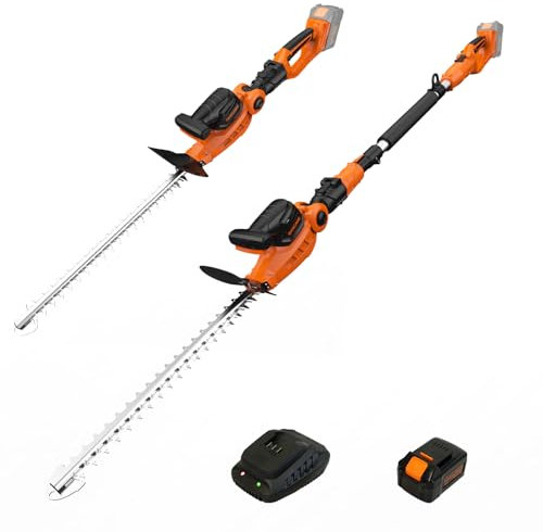GARCARE 2 in 1 Hedge Trimmer Cordless, Telescopic Pole Trimmer with 20V, 4.0Ah Li-Ion Battery,1 Hour Quick Charger, 510mm Dual-action Blade, 18mm Cutting Capacity